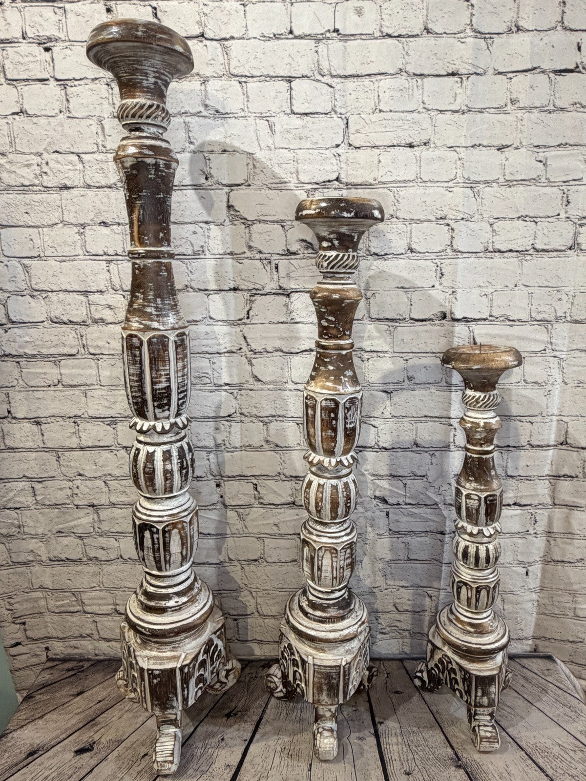 60cm x 15cm Brown Regal Wooden Vintage Style Candle Stand Shabby Pillar Holders7