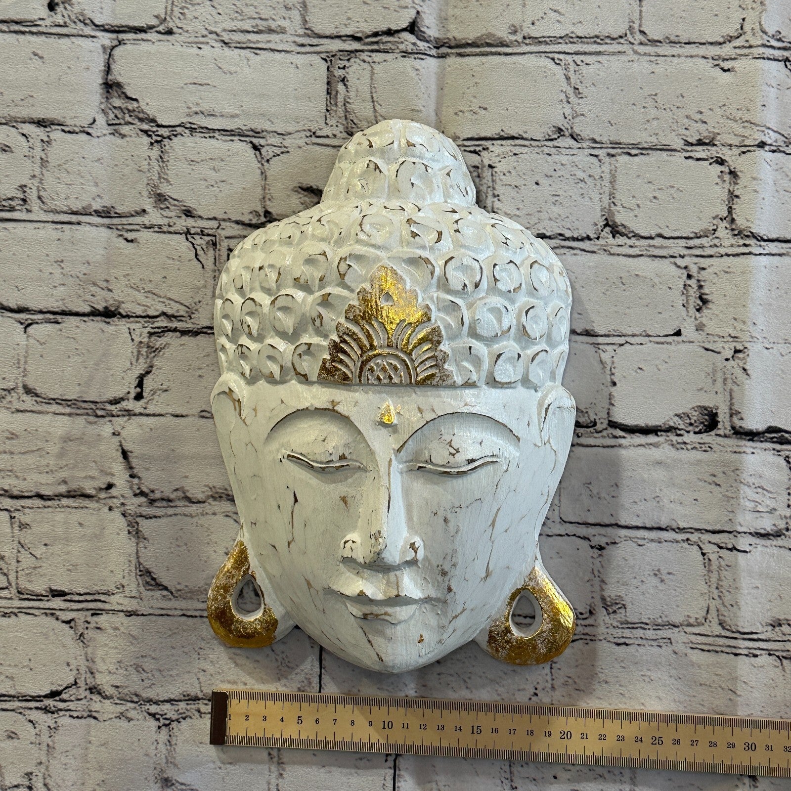 30cm x 20cm White Buddha Head Mask Wooden Hanging Statue Figurine Ornament4