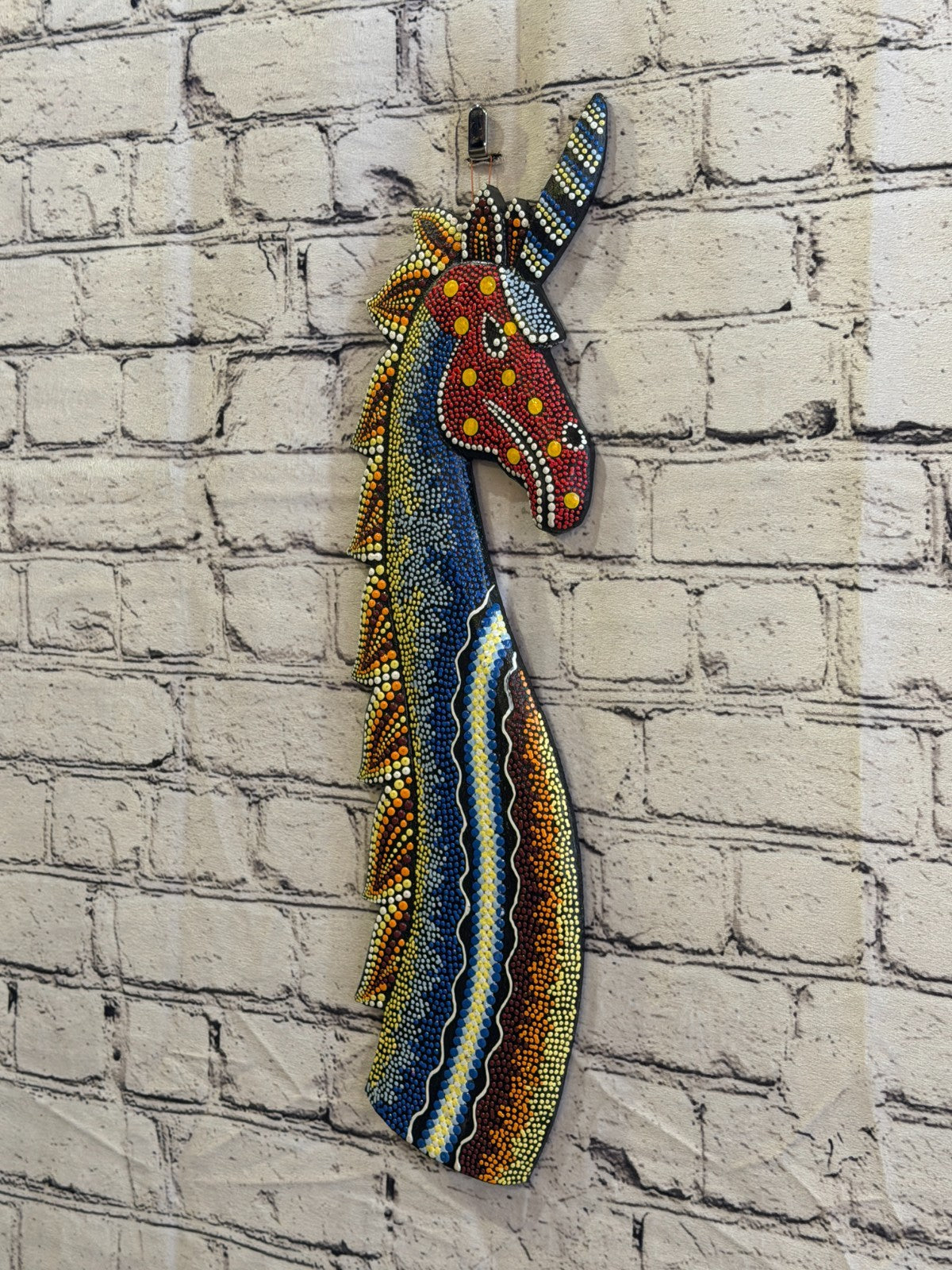 45cm Unicorn Carved Wooden Dot Painted Ethnic Tribal Tiki Wall Art No 21
