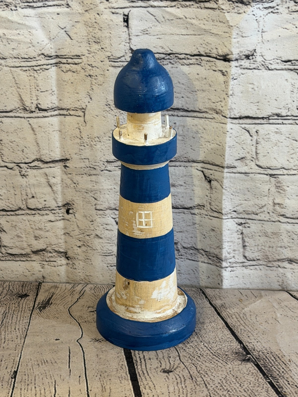 30cm Blue White Wooden Lighthouse Ornament Nautical Coastal Sculpture Statue1