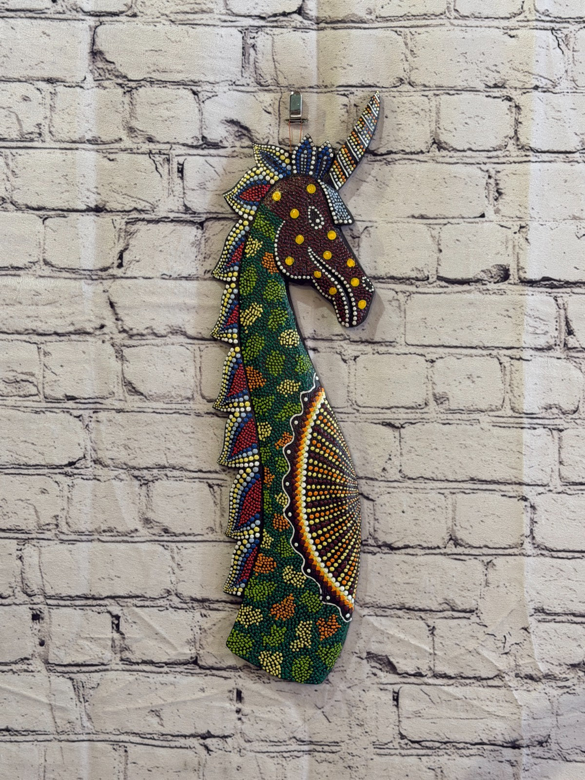 45cm Unicorn Carved Wooden Dot Painted Ethnic Tribal Tiki Wall Art No 52