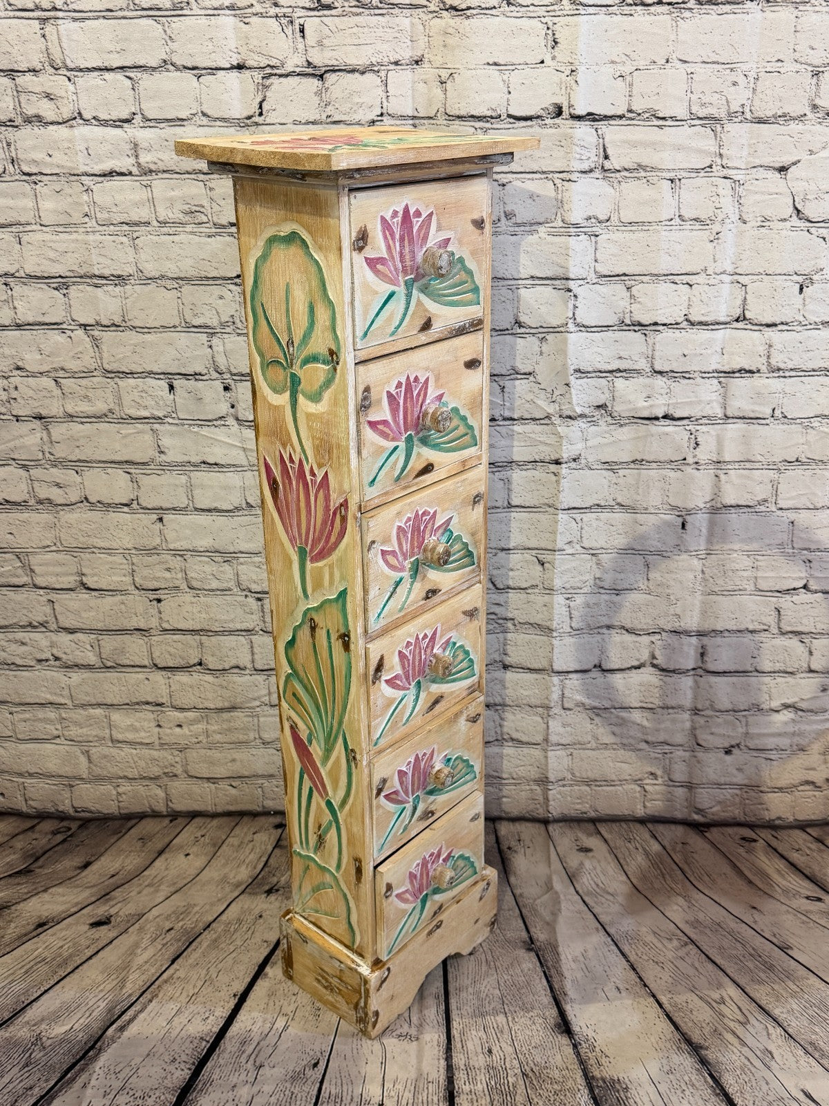 100cm x 25cm Flower 6 Draw Pillar Wooden Side Cabinet Living Storage Furniture2