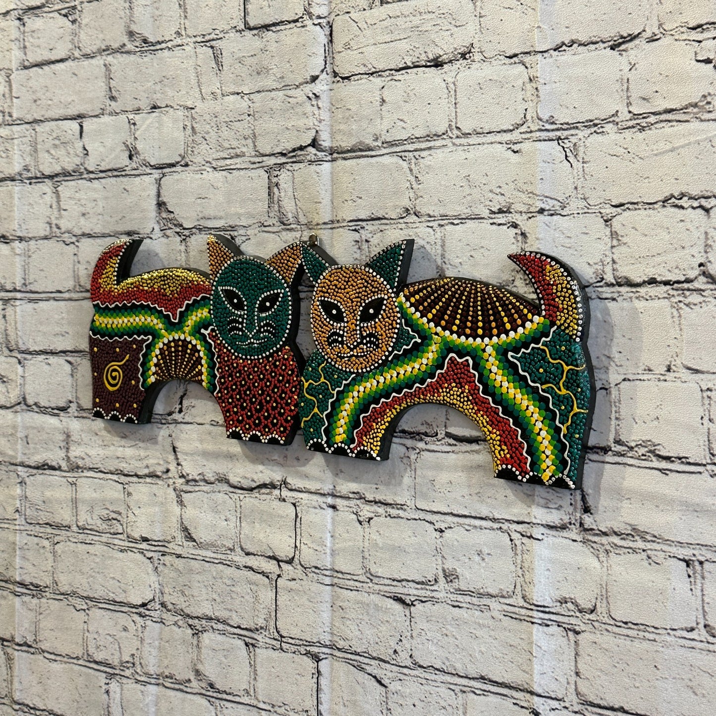 50cm 2 Cats Carved Wooden Dot Painted Ethnic Tribal Tiki Wall Art Handmade No 32