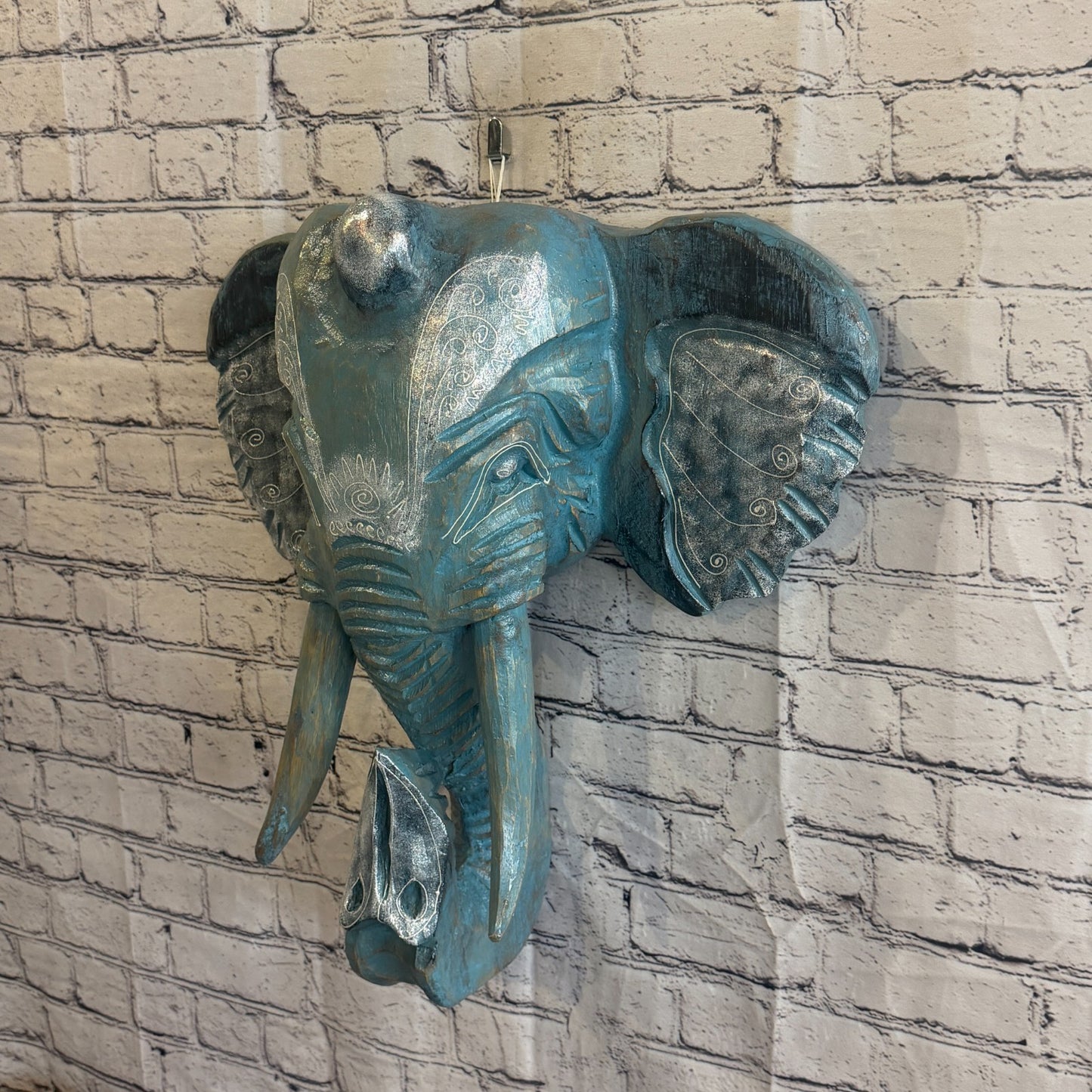 50cm x 45cm Silver Blue Painted Wood Elephant Head Wall Mounted Art Shabby1