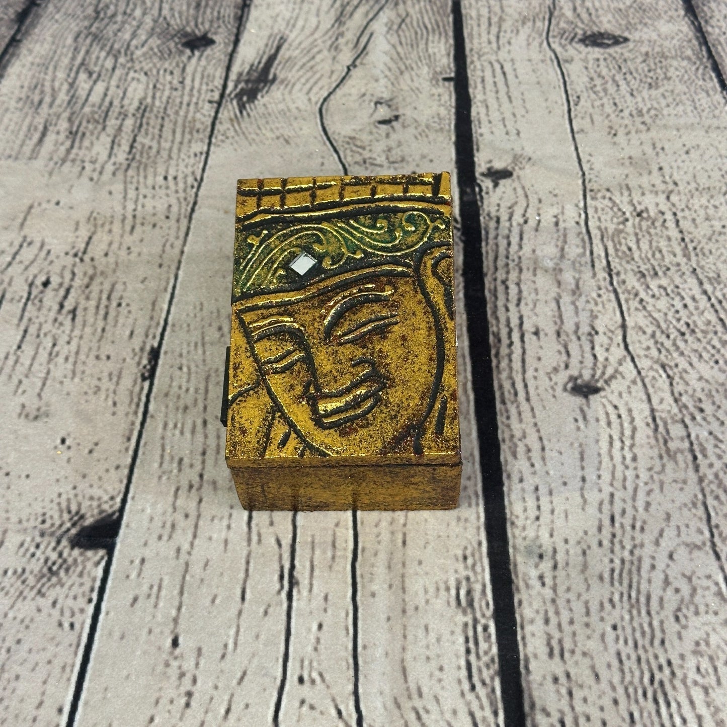 Bright Gold Thai Buddha Head Right 10cm x 7cm x 4cm Wooden Box Trinket Handmade0