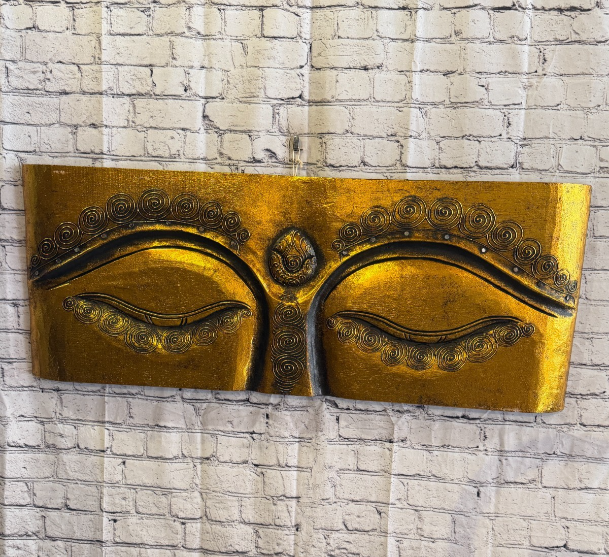 100cm x 40cm Gold Buddha Eyes Wall Art Plaque Handcarved Wooden Wood Panel0