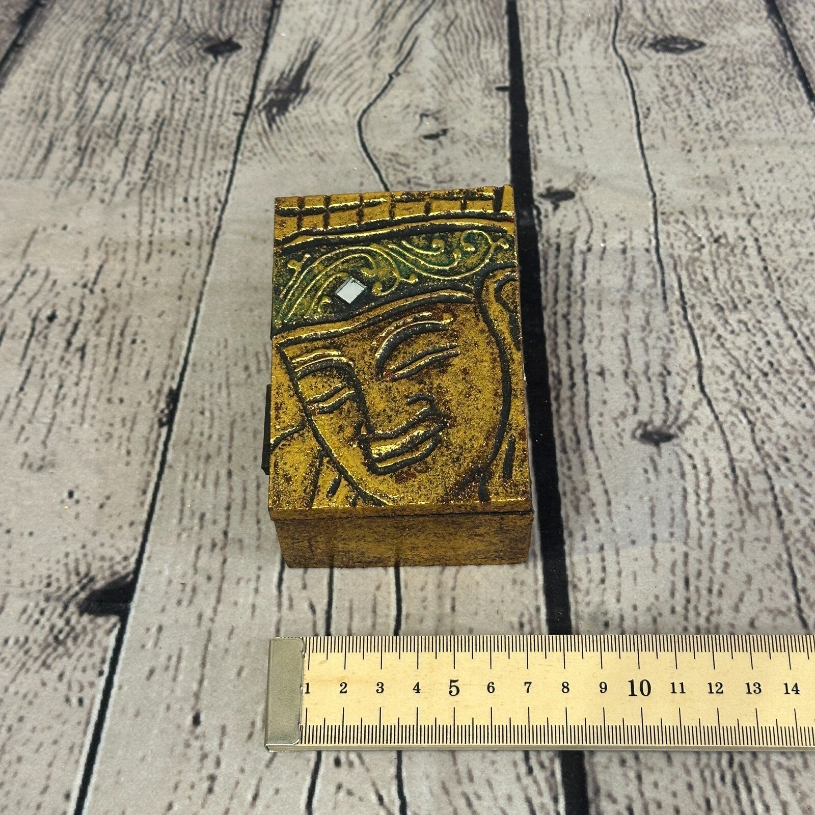 Bright Gold Thai Buddha Head Right 10cm x 7cm x 4cm Wooden Box Trinket Handmade5