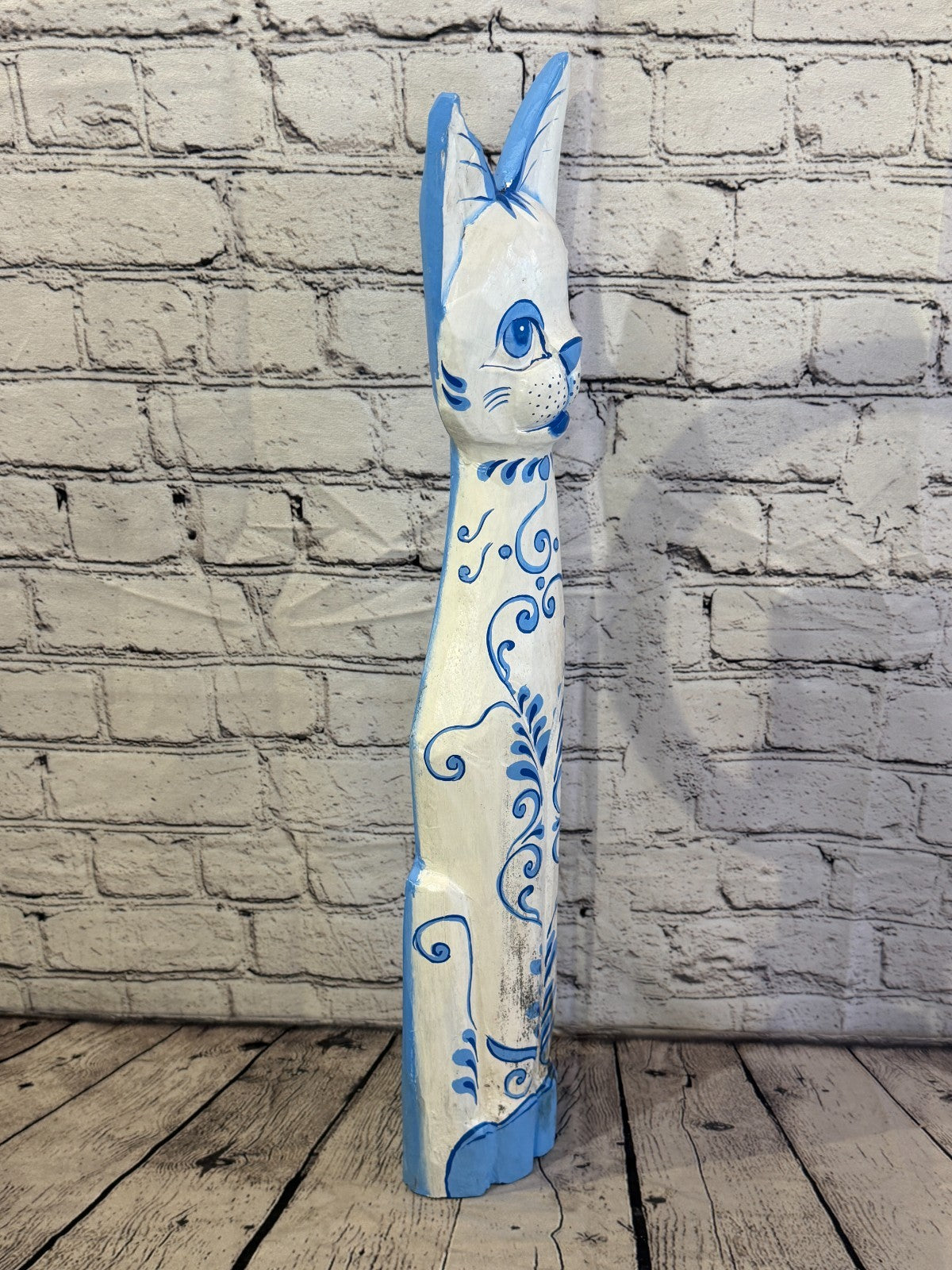 60cm Blue White Flower Wooden Shabby Cat Statue Ornament Fair Trade Handcarved2