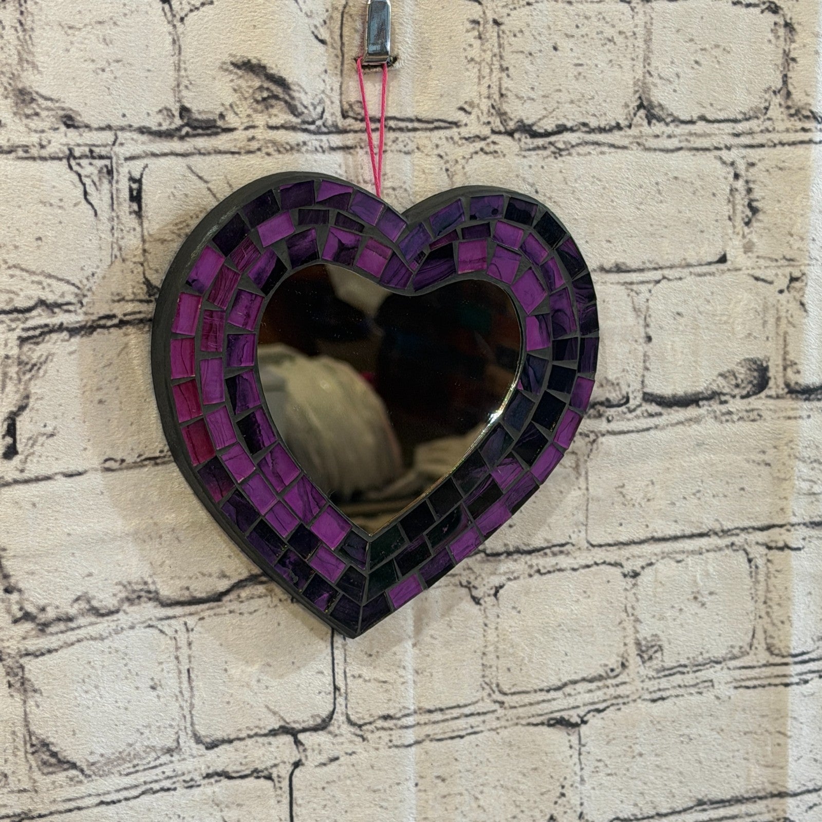 Purple Heart Shape Mosaic Tile Wall Mirror 20cm x 15cm 8 Inches Handmade New0