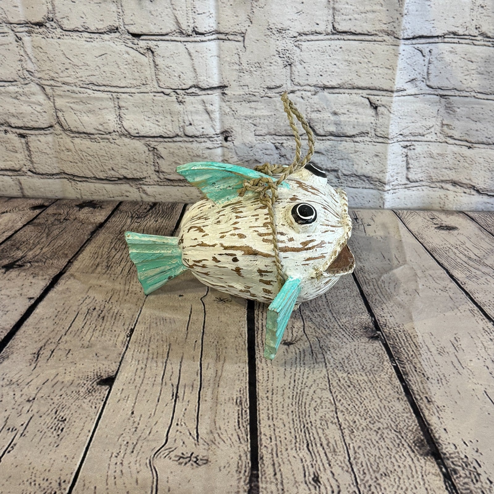 White Green Fins Folk Art Painted Shark Fish Coconut Shell Ornaments Hanging4