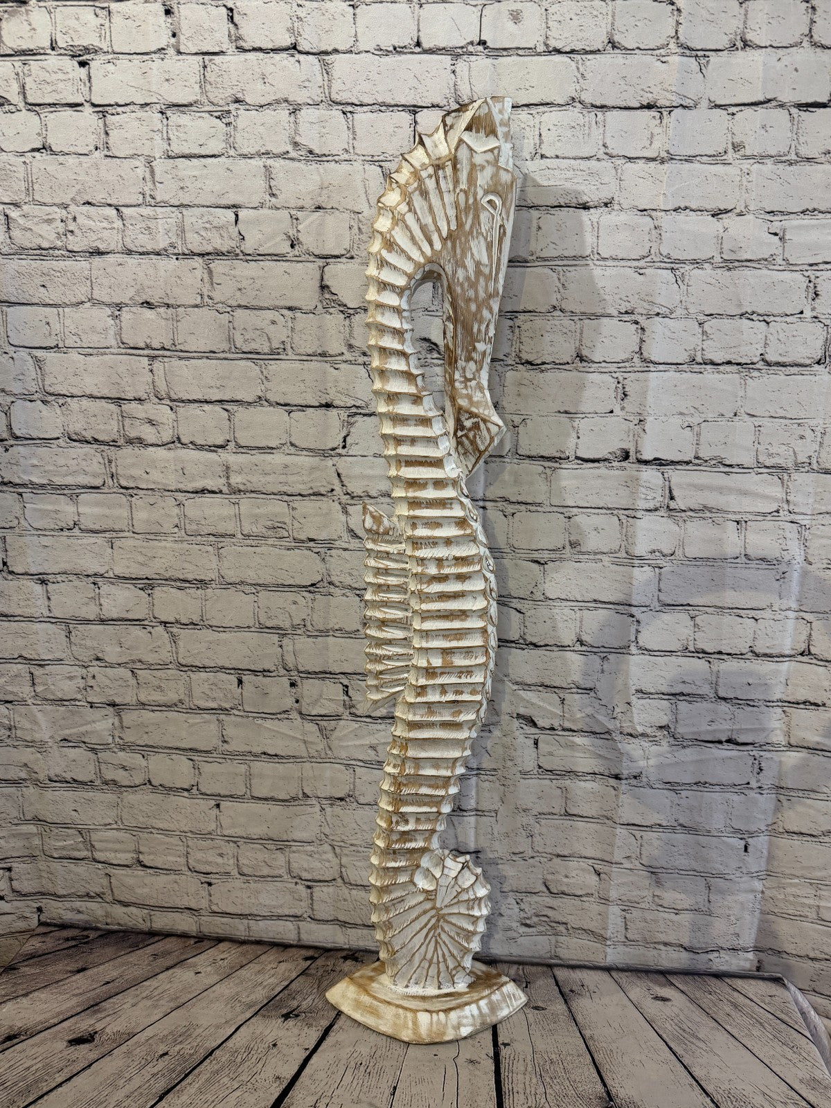 100cm White Wooden Shabby Seahorse Statue Ornament Fair Trade Handcarved3