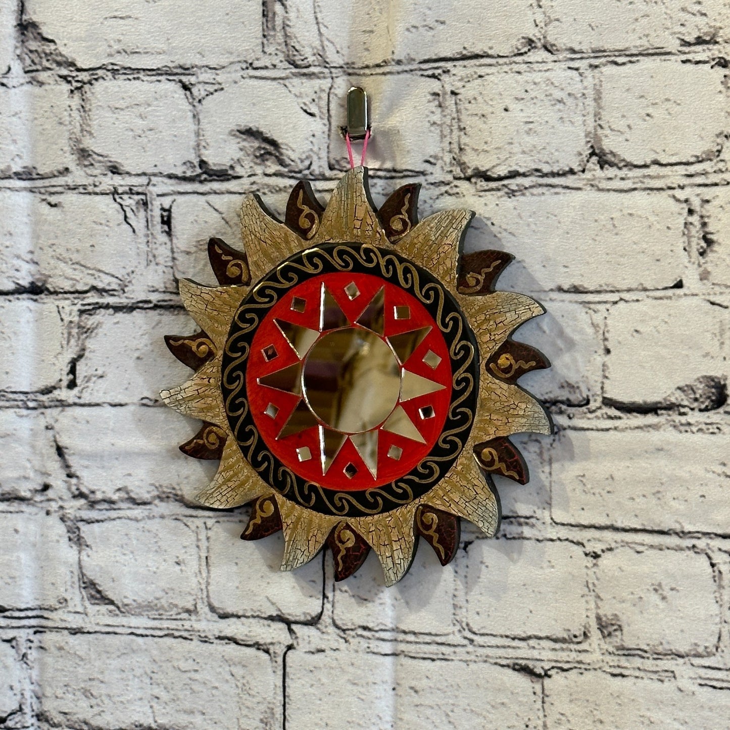 Red Gold Sun Mosaic Tile Wall Mirror 20cm x 20cm 8 Inches Handmade Fairtrade1