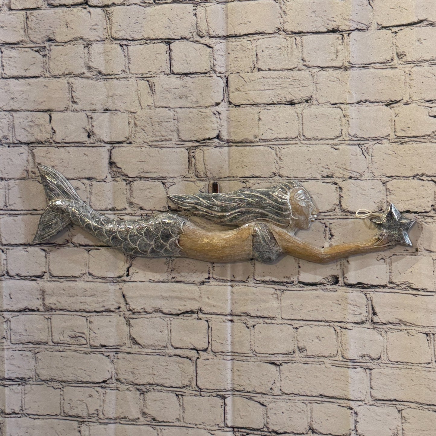 60cm Brown Wooden Mermaid Wall Decor Beach Art Hanging Mermaid Plaque Nautical0