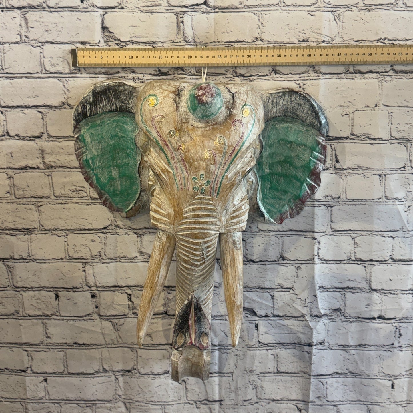 50cm x 45cm Silver Green Painted Wood Elephant Head Wall Mounted Art Shabby3
