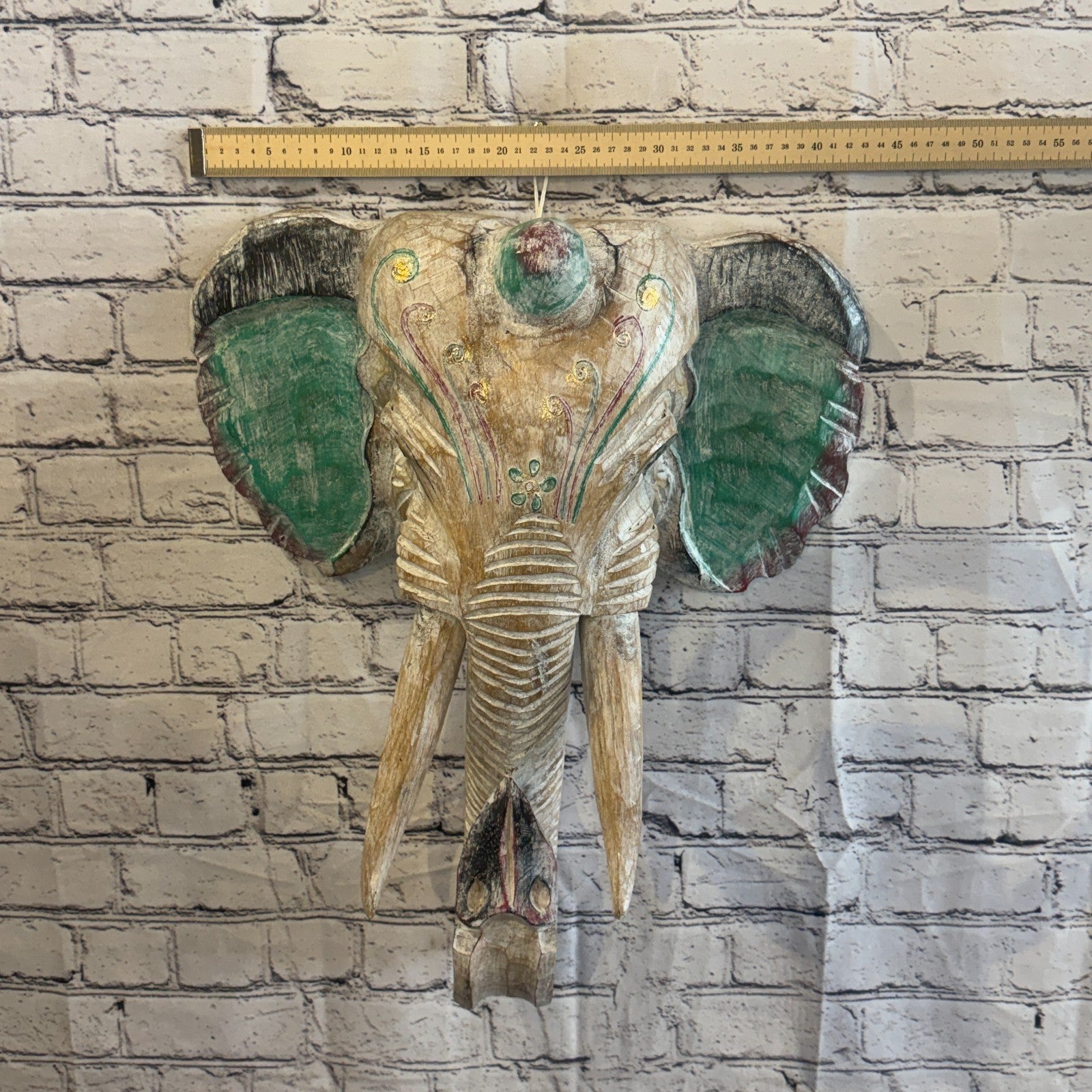 50cm x 45cm Silver Green Painted Wood Elephant Head Wall Mounted Art Shabby3