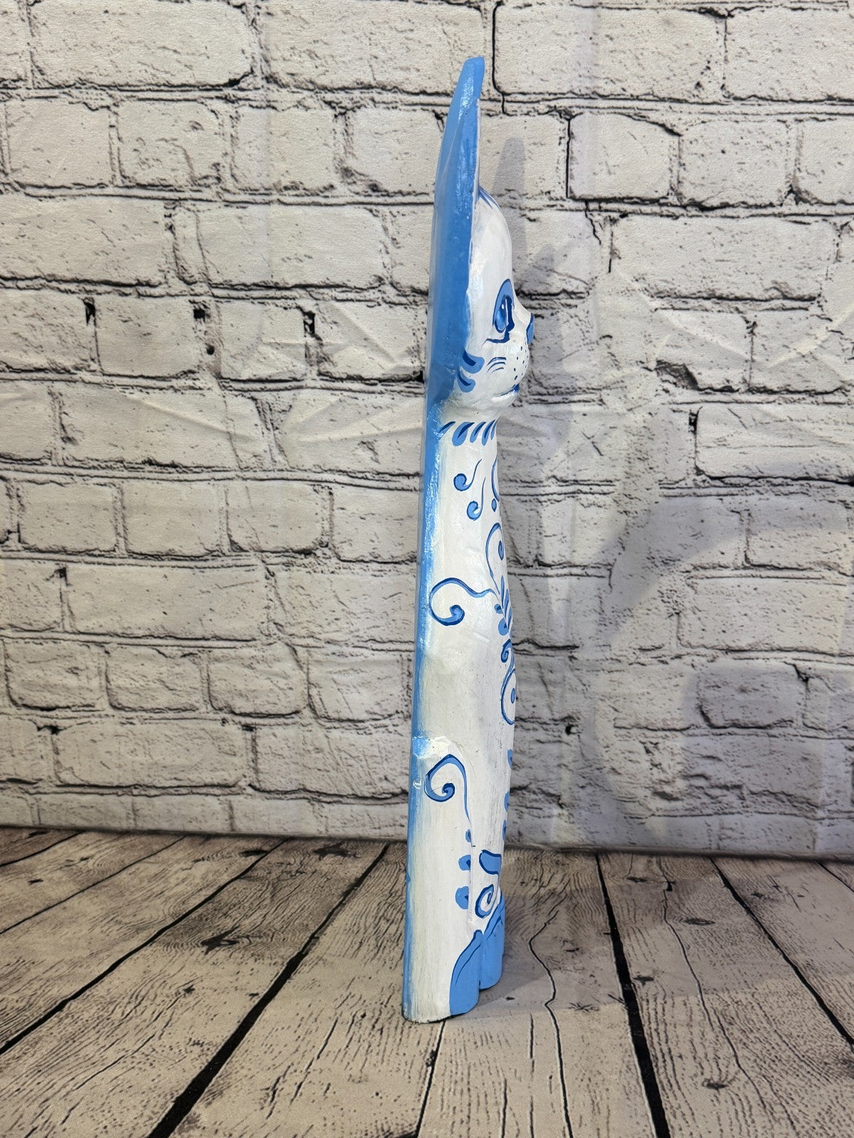 50cm Blue White Flower Wooden Shabby Cat Statue Ornament Fair Trade Handcarved3