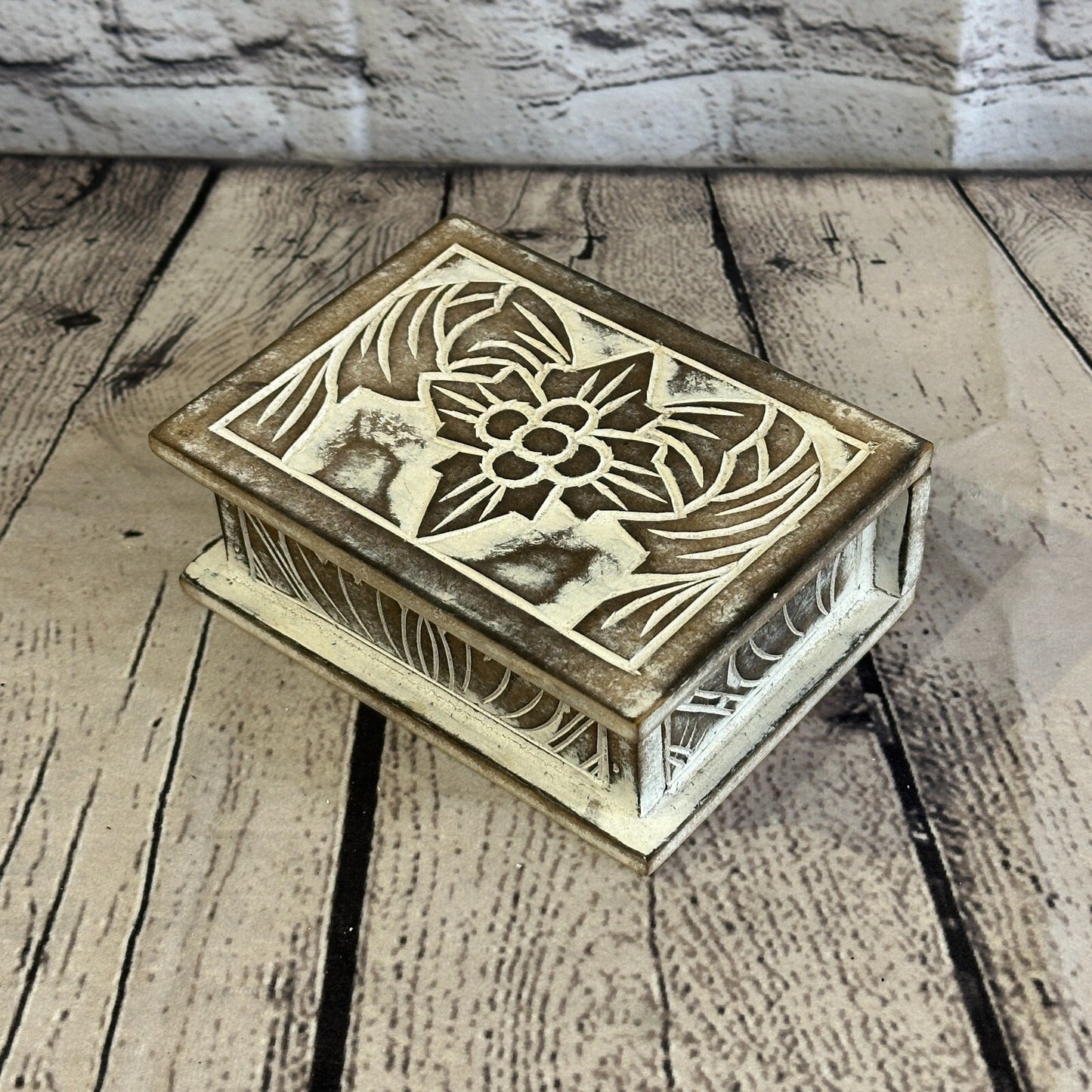 Brown Flower MDF Box Lotus 14cm x 10cm x 6cm Wooden Box Trinket Handmade0