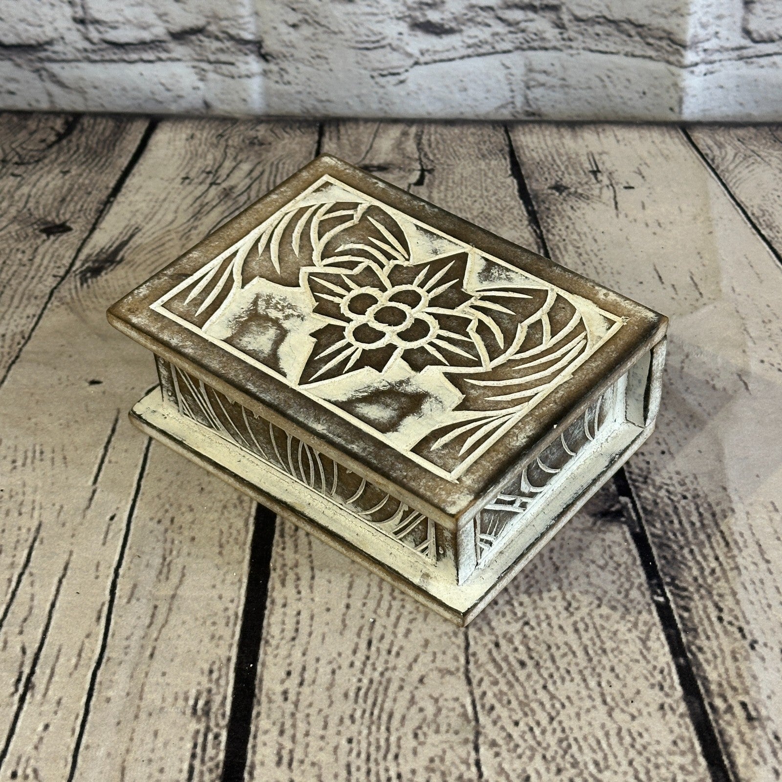 Brown Flower MDF Box Lotus 14cm x 10cm x 6cm Wooden Box Trinket Handmade0