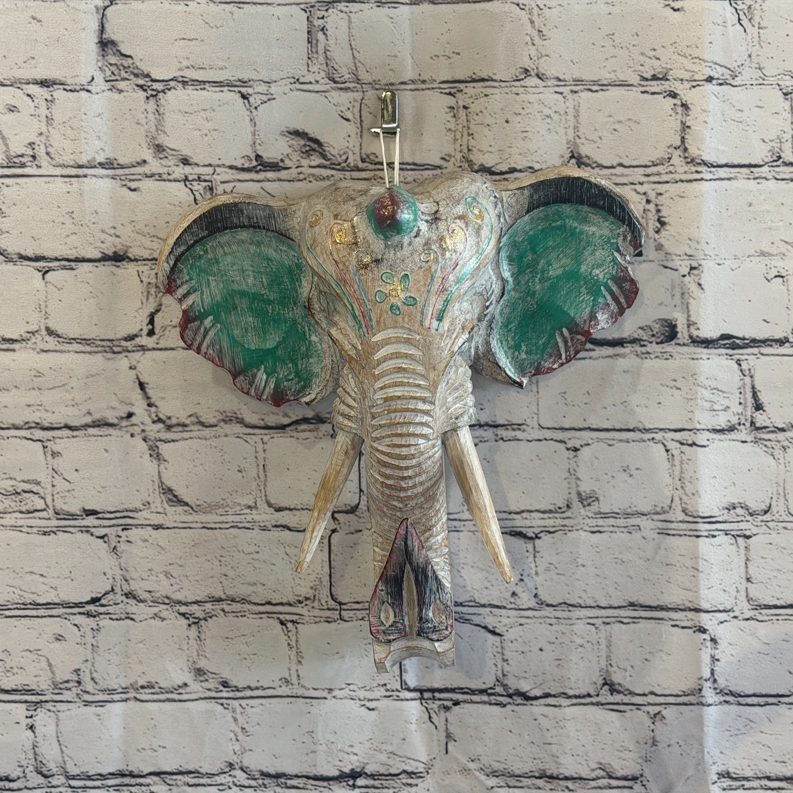 30cm x 30cm Silver Green Painted Wood Elephant Head Wall Mounted Art Shabby2