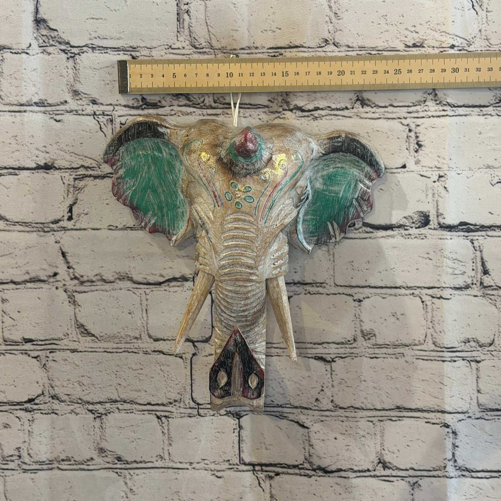 25cm x 25cm Silver Green Painted Wood Elephant Head Wall Mounted Art Shabby3