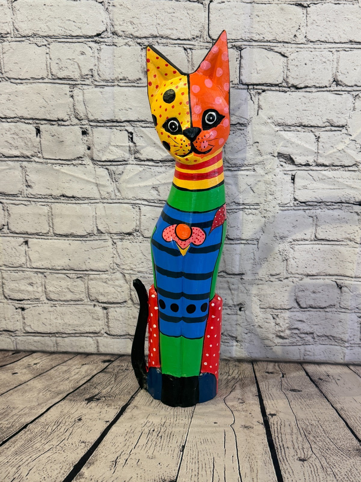 50cm Bright Mix Flower Wooden Shabby Cat Statue Ornament Fair Trade Handcarved0