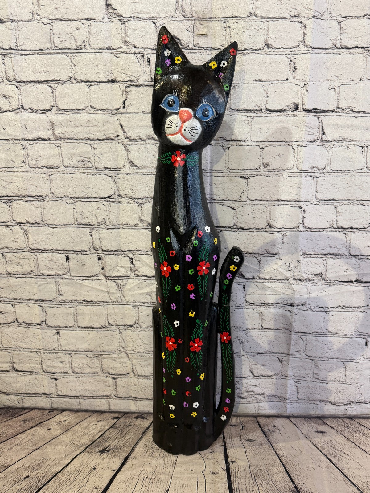 80cm Black Mix Flower Wooden Shabby Cat Statue Ornament Fair Trade Handcarved0
