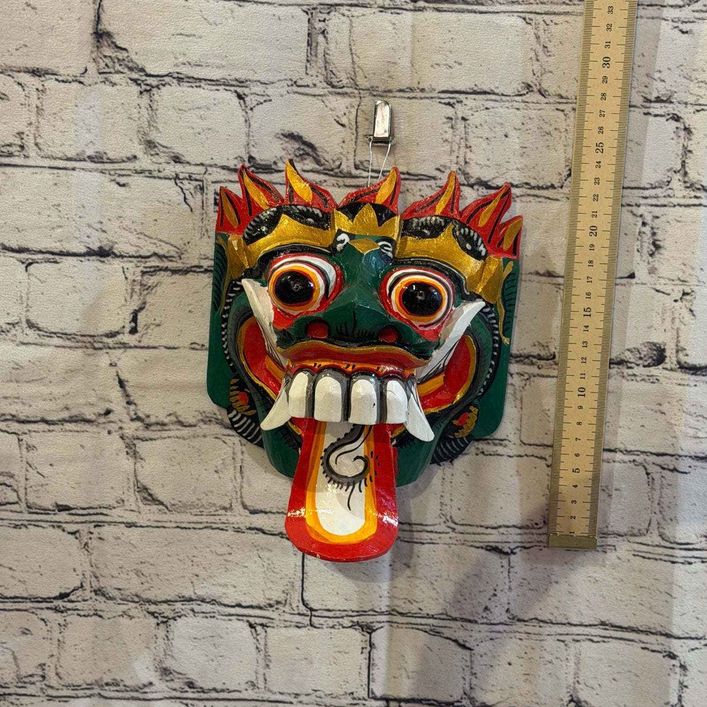 25cm Rangda Demon Green Dragon Hindu Deity Wooden Hand Carved Mask Painted6