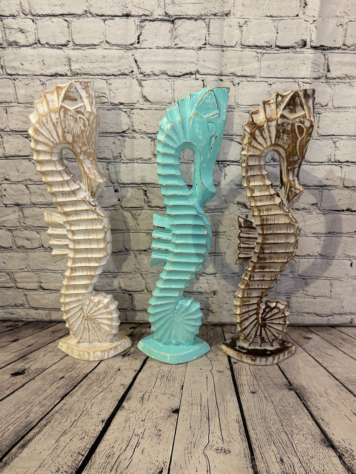 100cm Green Teal Wooden Shabby Seahorse Statue Ornament Fair Trade Handcarved9