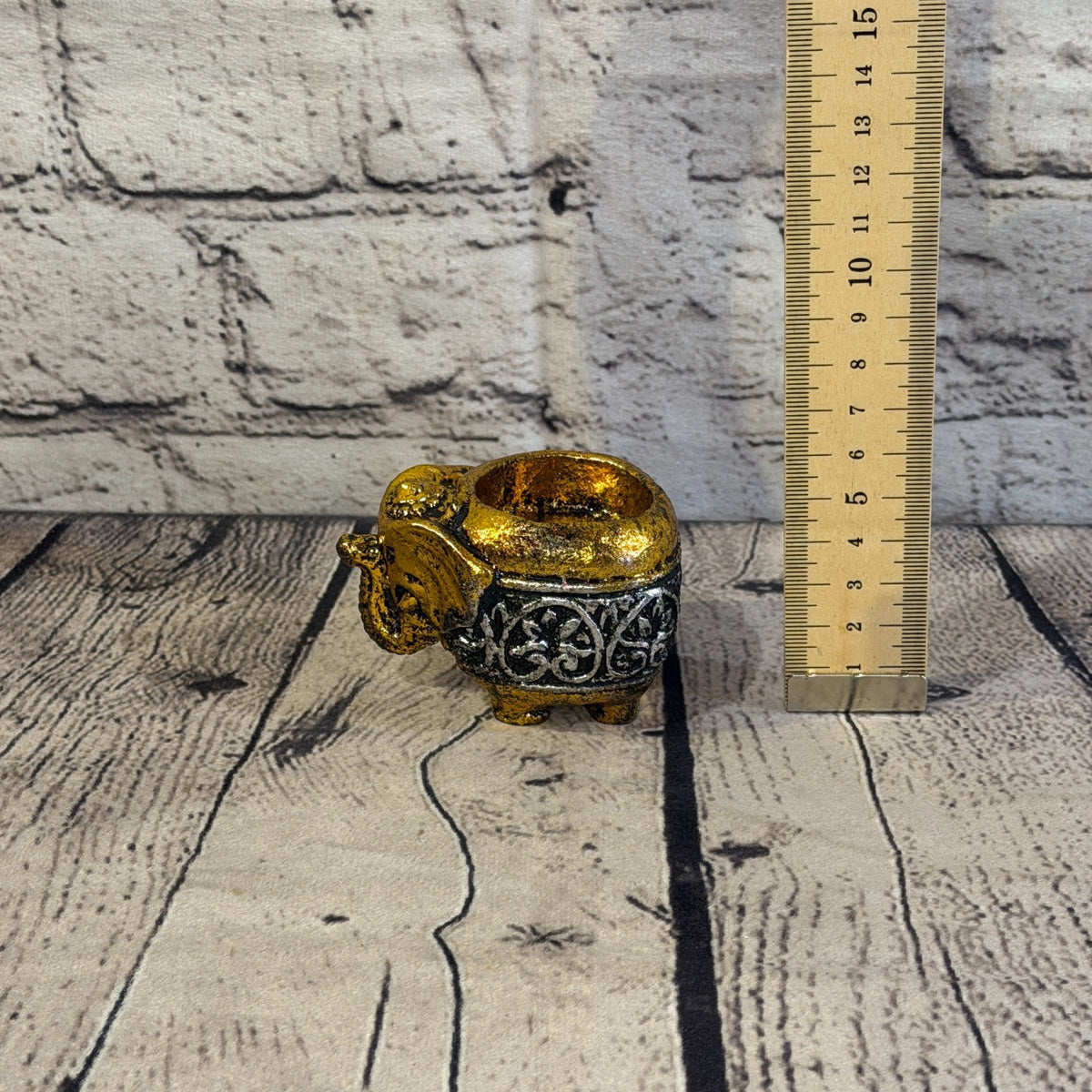 Gold & Silver 8cm x 5cm Elephant Tea Light Holder Statue Resin Hindu5