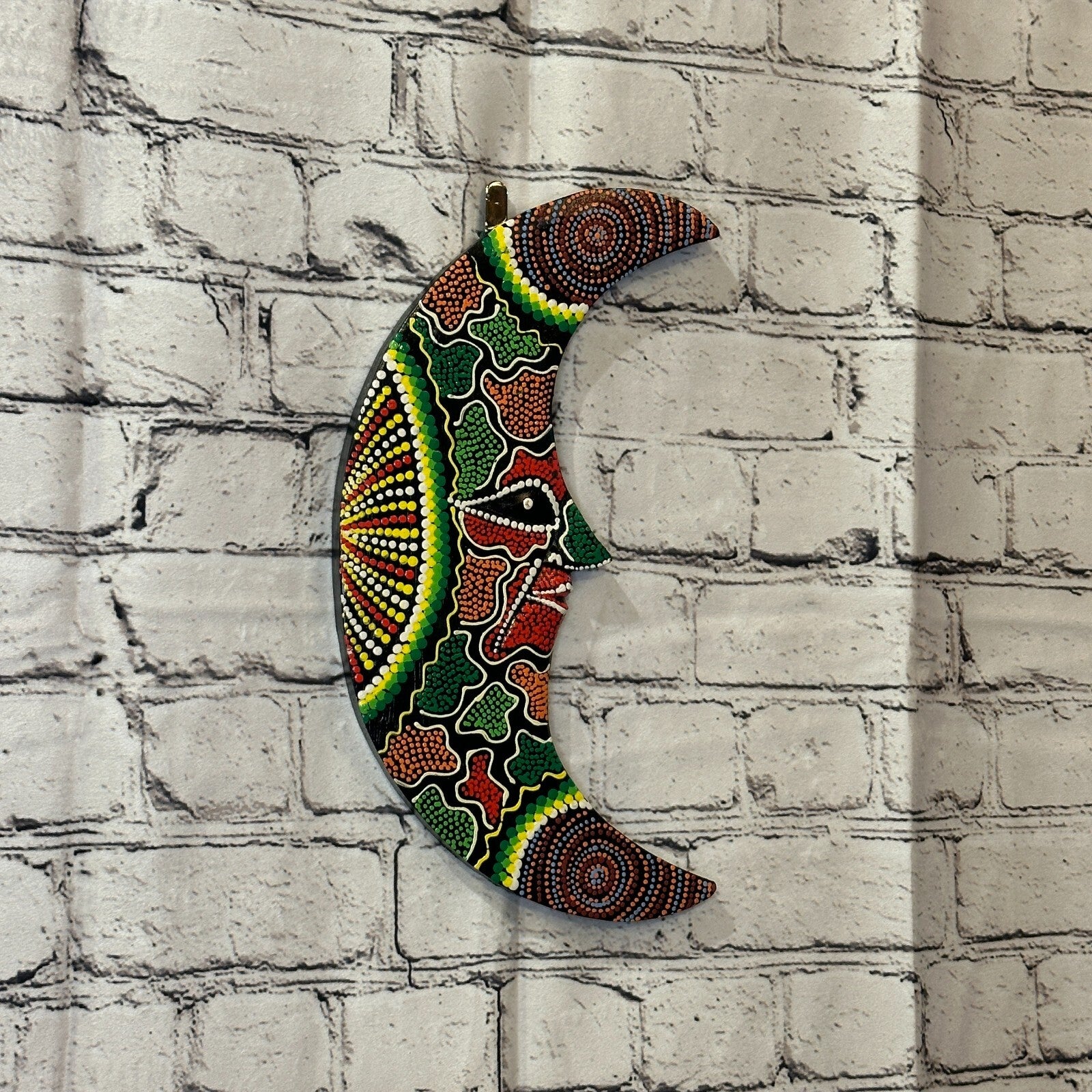 30cm Crescent Moon Carved Wooden Dot Painted Ethnic Tribal Tiki Wall Art No 10