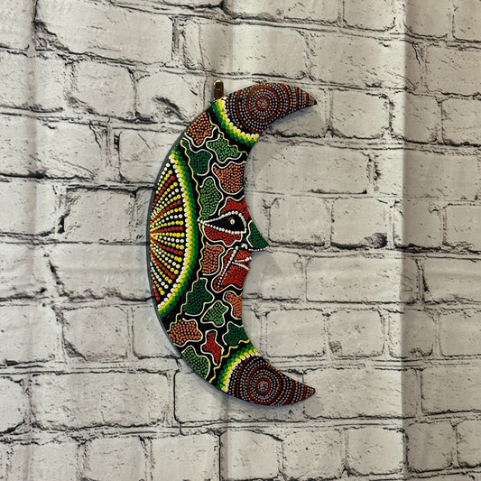 30cm Crescent Moon Carved Wooden Dot Painted Ethnic Tribal Tiki Wall Art No 10