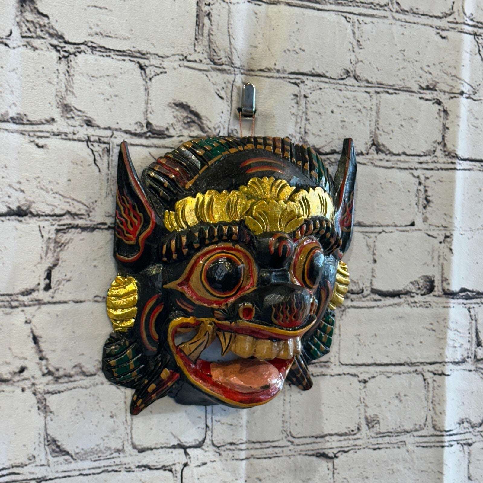 Large Wooden Black Barong Wall Mask 18cm x 18cm Handmade And Fairtrade Hindu0