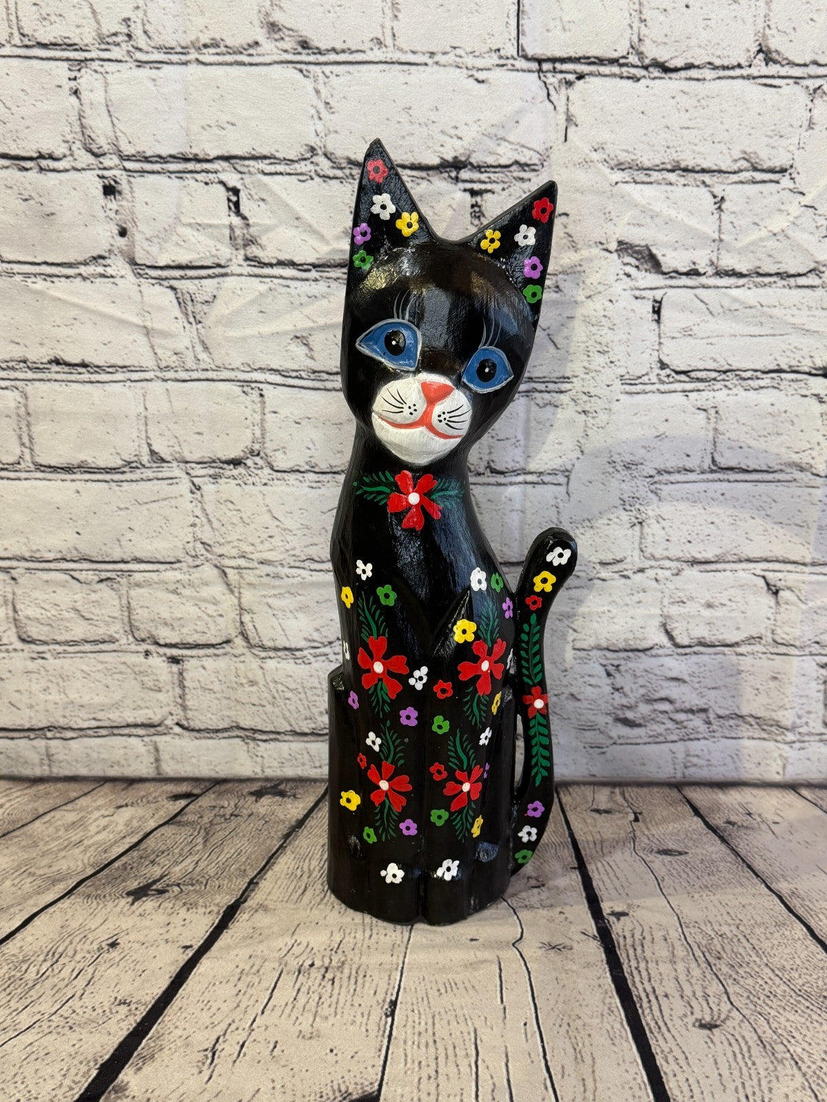40cm Black Mix Flower Wooden Shabby Cat Statue Ornament Fair Trade Handcarved0