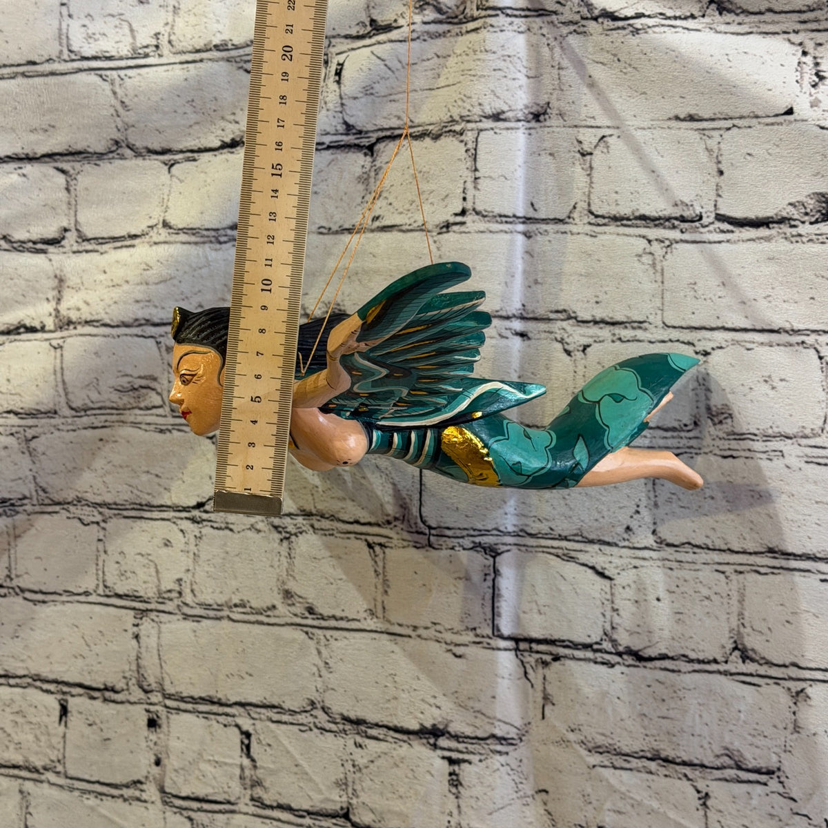 30cm Green Sita Hindu Folk Art Carved Wood Flying Winged Mobile Spirit Guardian2