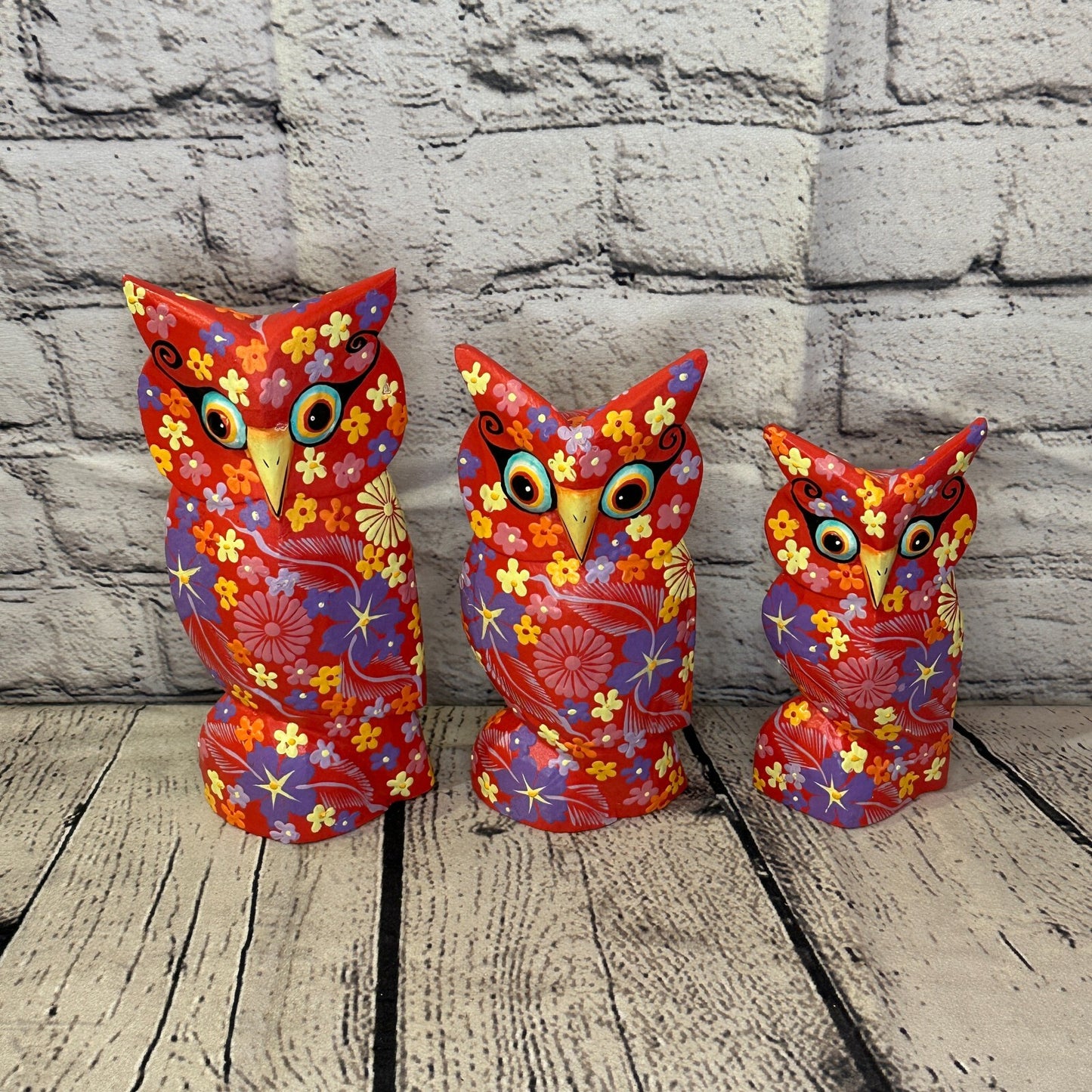 Red Small Wooden Owl With Flower Pattern 12cm x 8cm Handmade and Fairtrade8