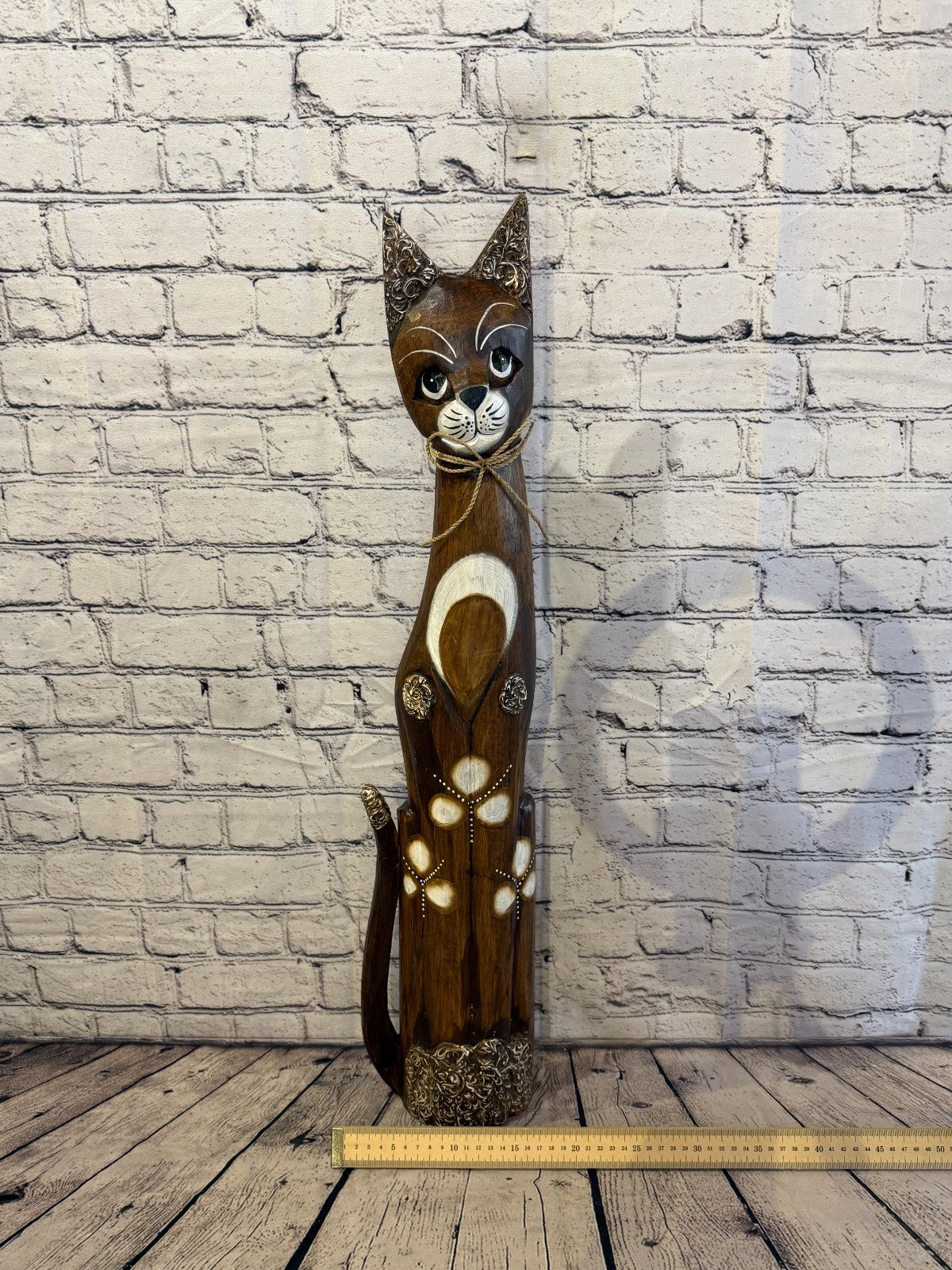 80cm Brown Silver Dots Wooden Shabby Cat Statue Ornament Fair Trade Handcarved6