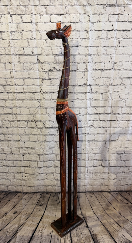 150cm Brown Wooden Giraffe Standing Single Carved Solid Wood Giraffe Handmade0