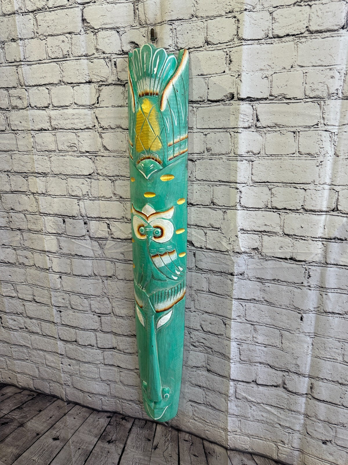 100cm Green Owl Hand Carved Fair Trade Wooden Animal Wall Art Hang Mask1
