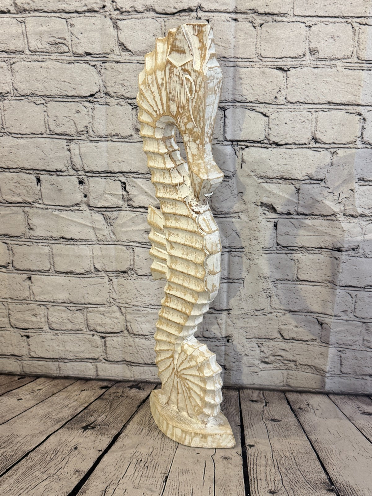 60cm White Wooden Shabby Seahorse Statue Ornament Fair Trade Handcarved2