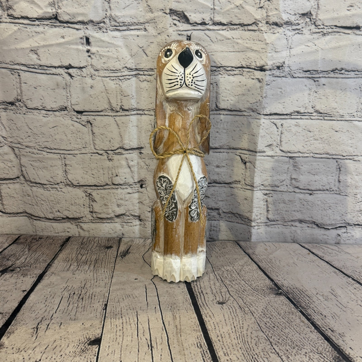 30cm Light Brown Wooden Shabby Dog Statue Ornament Fair Trade Handcarved1