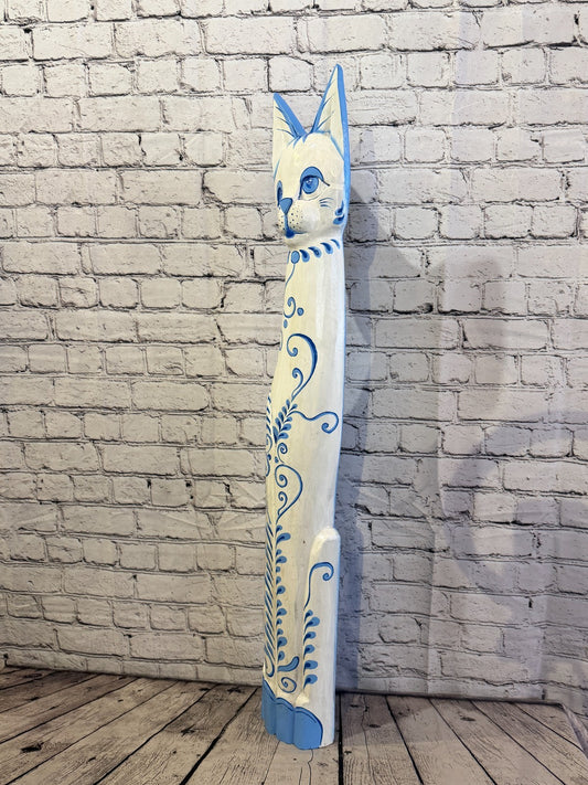 100cm Blue White Flower Wooden Shabby Cat Statue Ornament Fair Trade Handcarved1