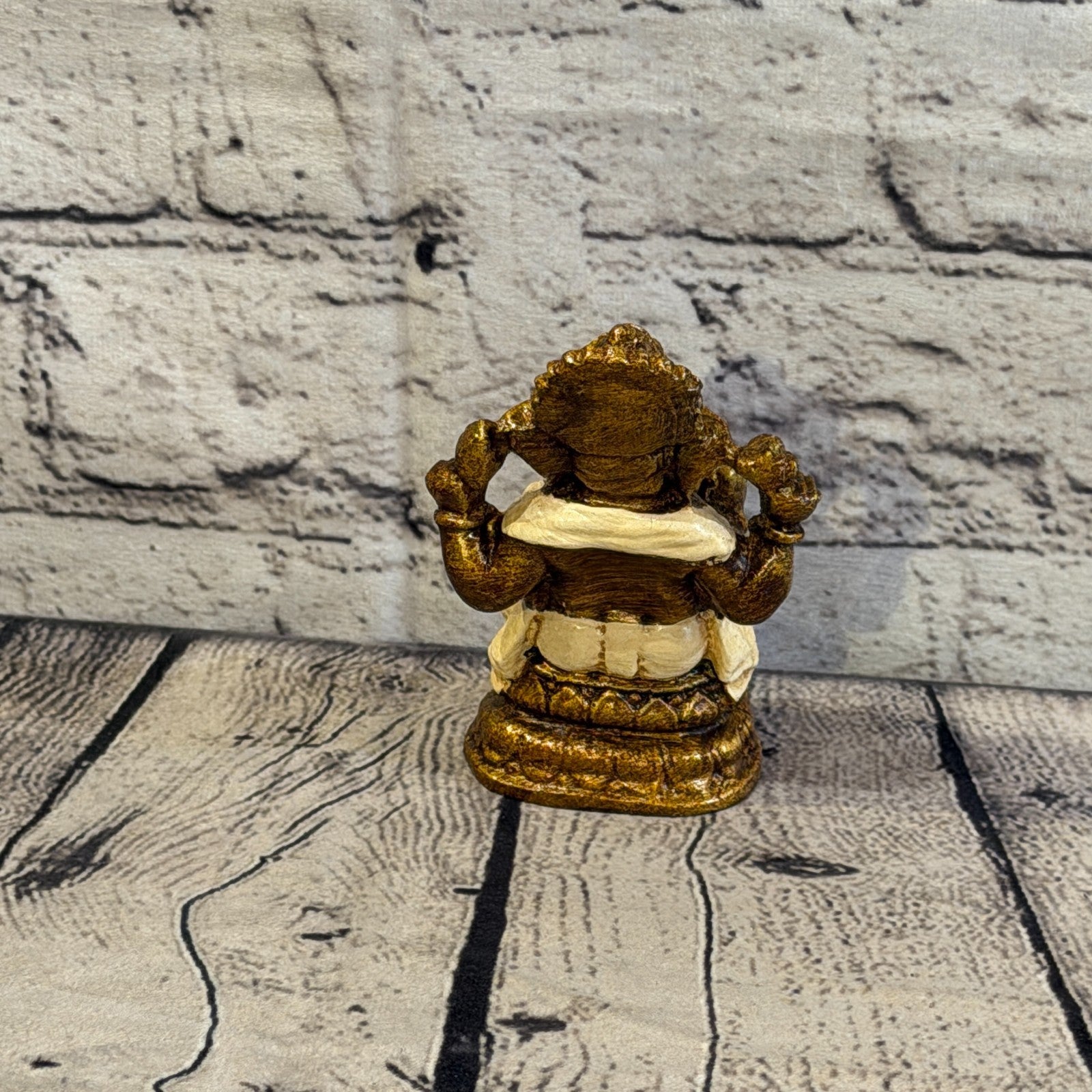 Cream & Bronze 12cm Small Ganesh Ganesa Sitting On Lotus Statue Resin Hindu4