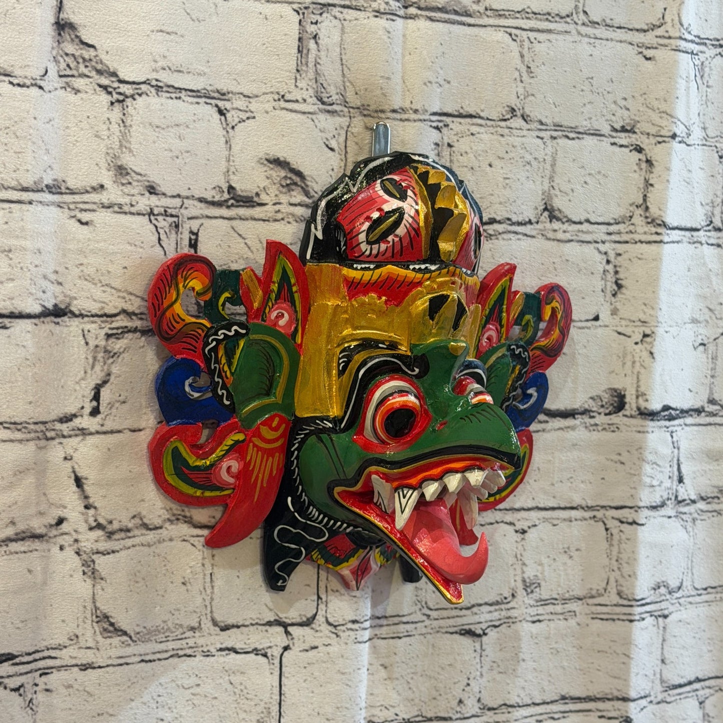 25cm Garuda Crown Green Demon Dragon Hindu Deity Wooden Hand Carved Mask Painted0