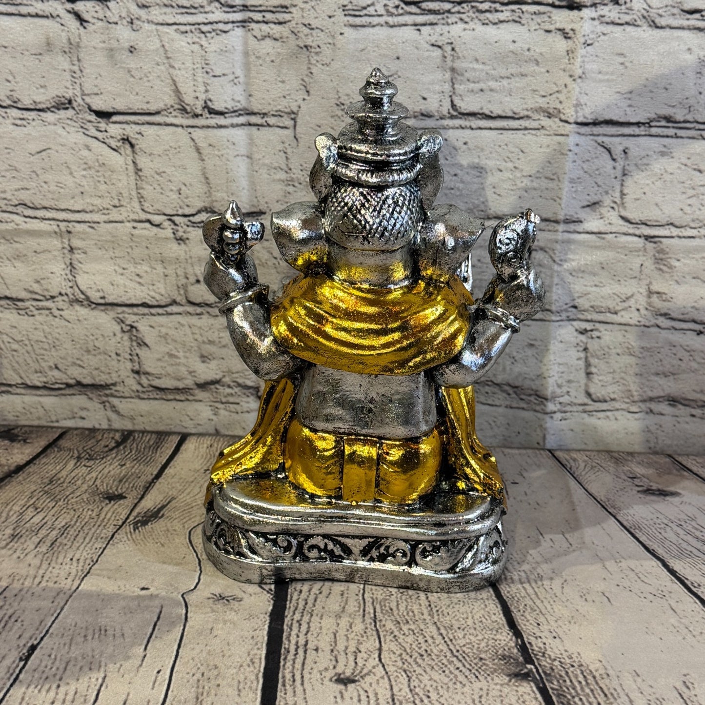 Silver And Gold 25cm Large Ganesh Ganesa Sitting On Lotus Statue Resin Hindu4