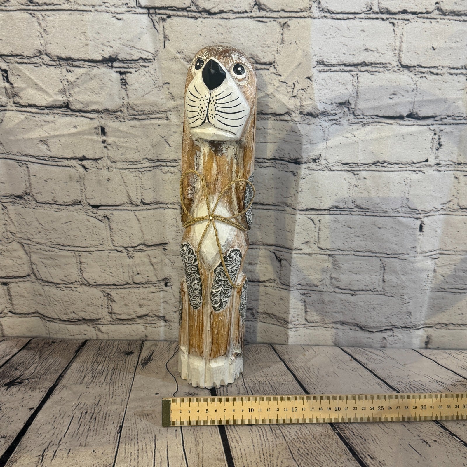 40cm Light Brown Wooden Shabby Dog Statue Ornament Fair Trade Handcarved6