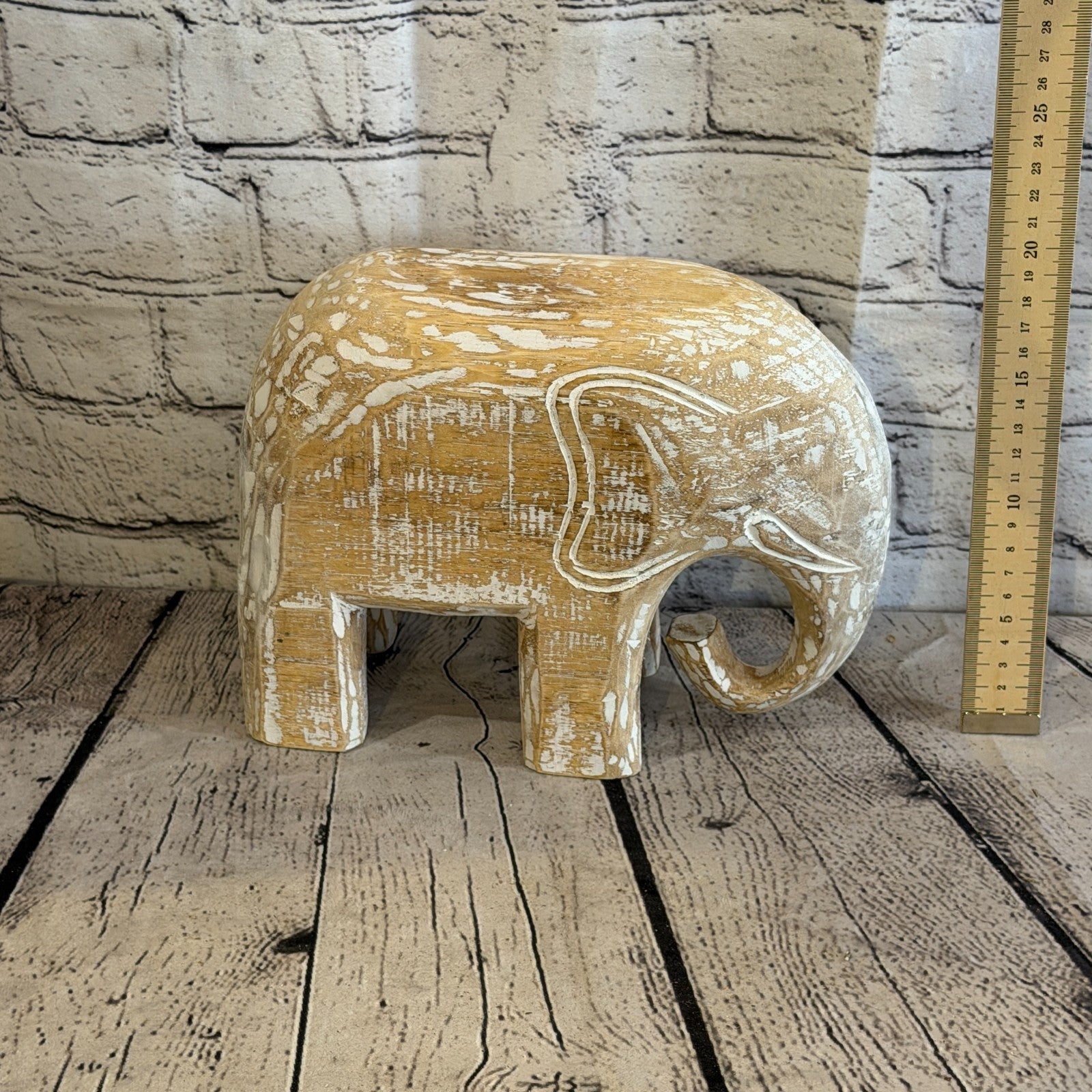 20cm x 25cm White Wood Wooden Standing Elephant Hand Carved Painted Statue6