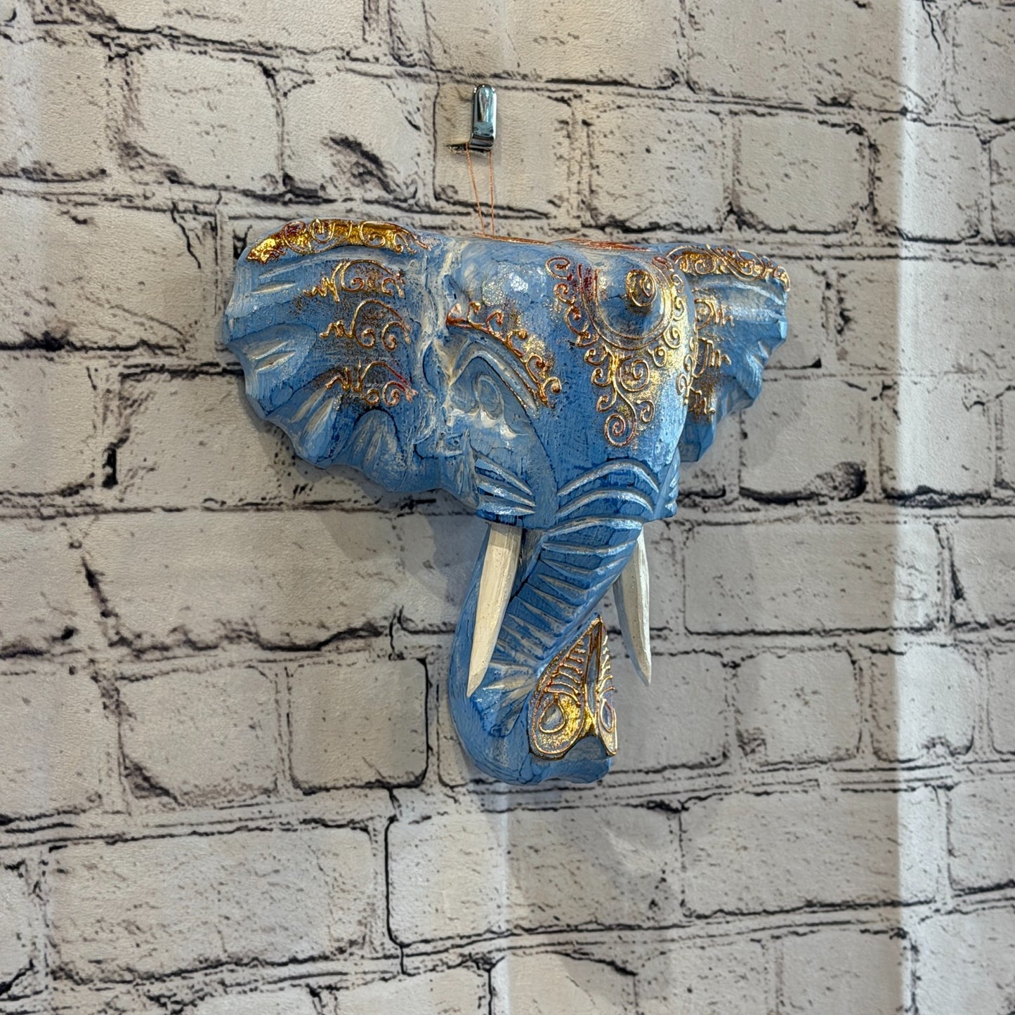 20cm x 20cm Blue Gold Painted Wood Elephant Head Wall Mounted Art Shabby0