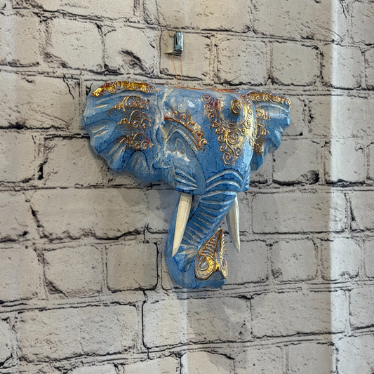 20cm x 20cm Blue Gold Painted Wood Elephant Head Wall Mounted Art Shabby0