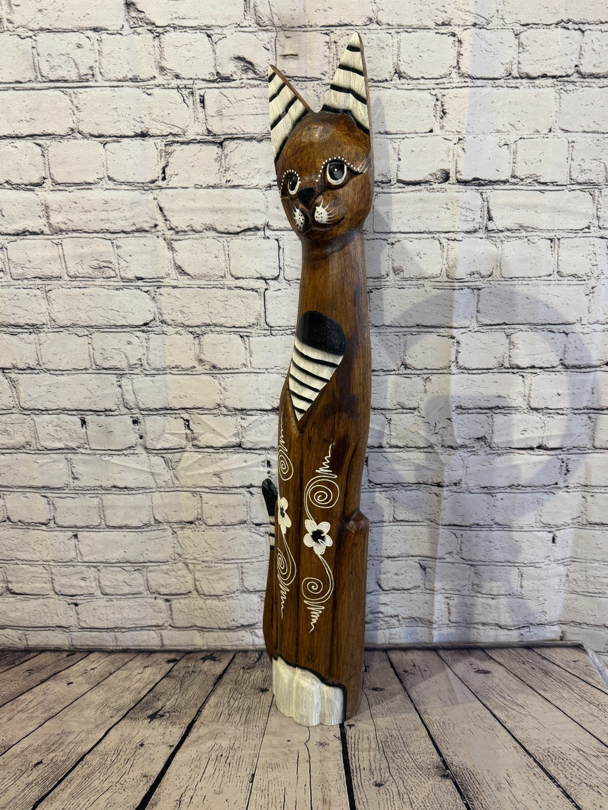 80cm Brown Flower Wooden Shabby Cat Statue Ornament Fair Trade Handcarved1