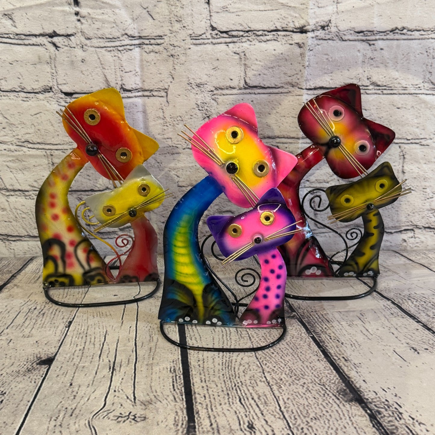 25cm x 15cm Double Cat Pink Green Metal Tin Standing Ornament Statue8